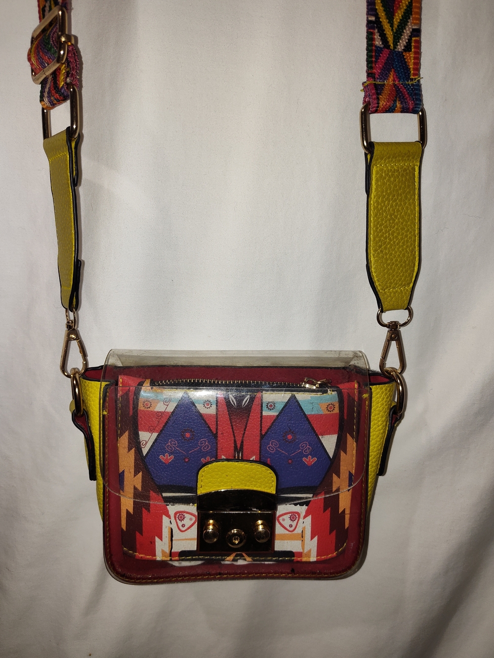 Yellow Geometric Pattern Crossbody Bag with Adjustable Strap